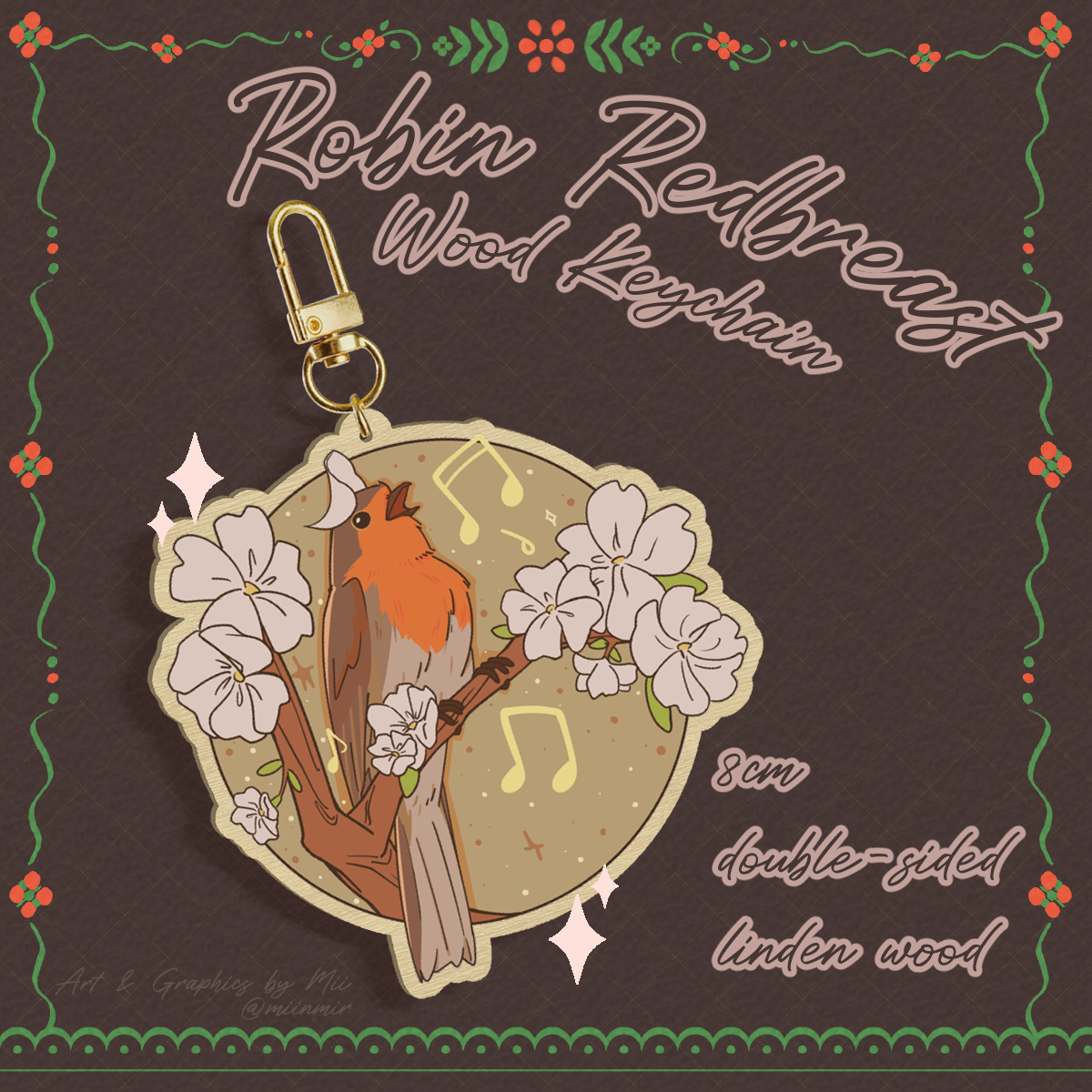 [ORIGINAL] Carolling Knight𝄞₊ ⊹ Robin Redbreast Wooden Keychain