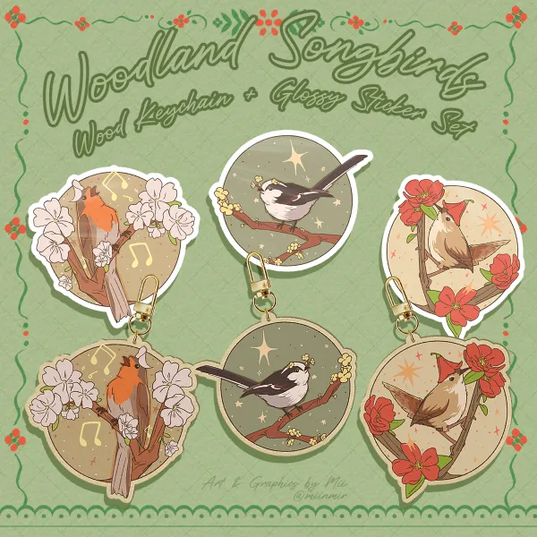 [ORIGINAL] Woodland Songbirds𝄞₊ ⊹ Wooden Keychains & Stickers Set