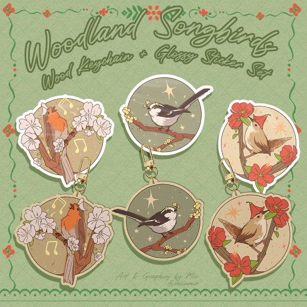 [ORIGINAL] Woodland Songbirds𝄞₊ ⊹ Wooden Keychains & Stickers Set