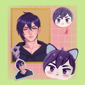Sebastian Set! A6 Art print, plush keychain, acrylic keychain and plush badge