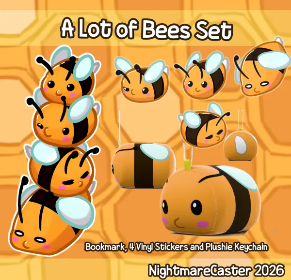 A lot of Bees Bookmark, Stickers, Plush Keychain Set