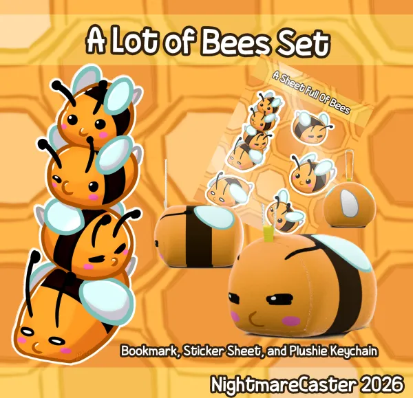 A lot of Bees Bookmark, Sticker Sheet and Plush Keychain Set