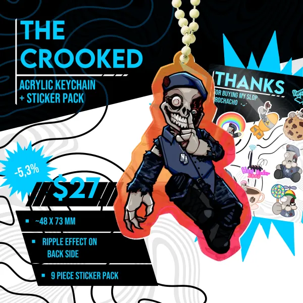 The Crooked Double-Sided Ripple Keychain + 9 piece Sticker Sheet [Pressure]