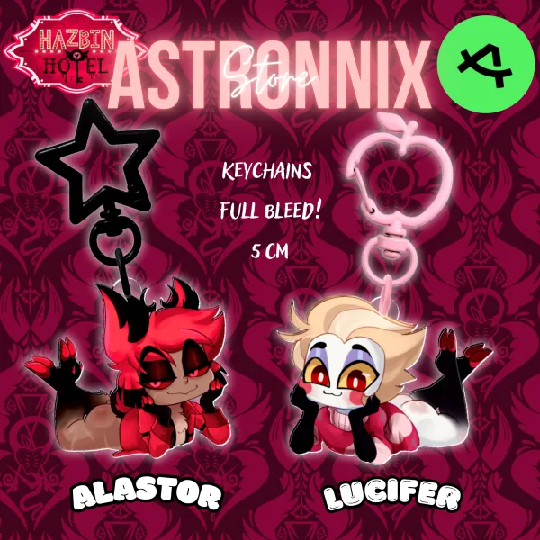 Alastor and Lucifer Chibi Keychains Full bleed
