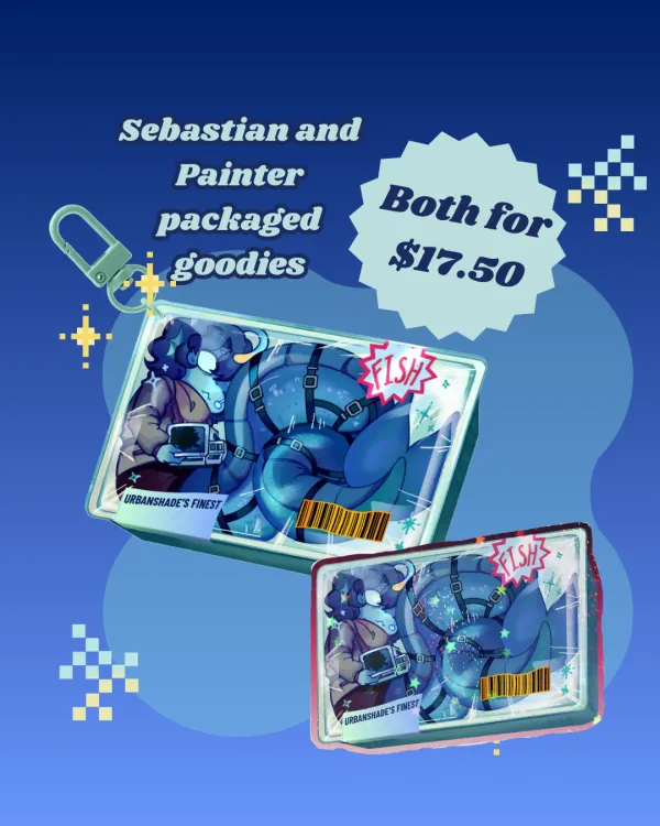 Sebastian and Painter packaged keychain and sticker