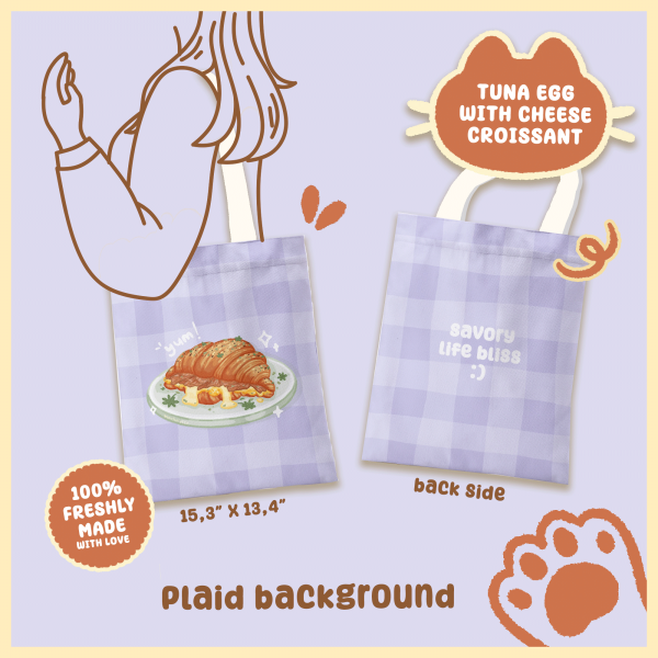 Tuna Egg Cheese Croissant Plaid Background Full Printed Totebag