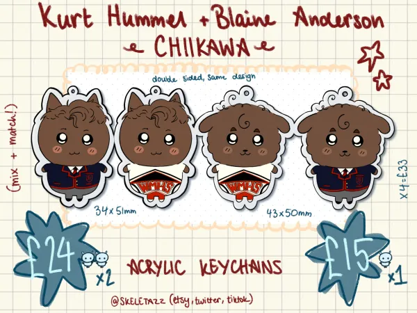 2X Warbler Kurt Cheerio and Blaine Chiikawa keychains