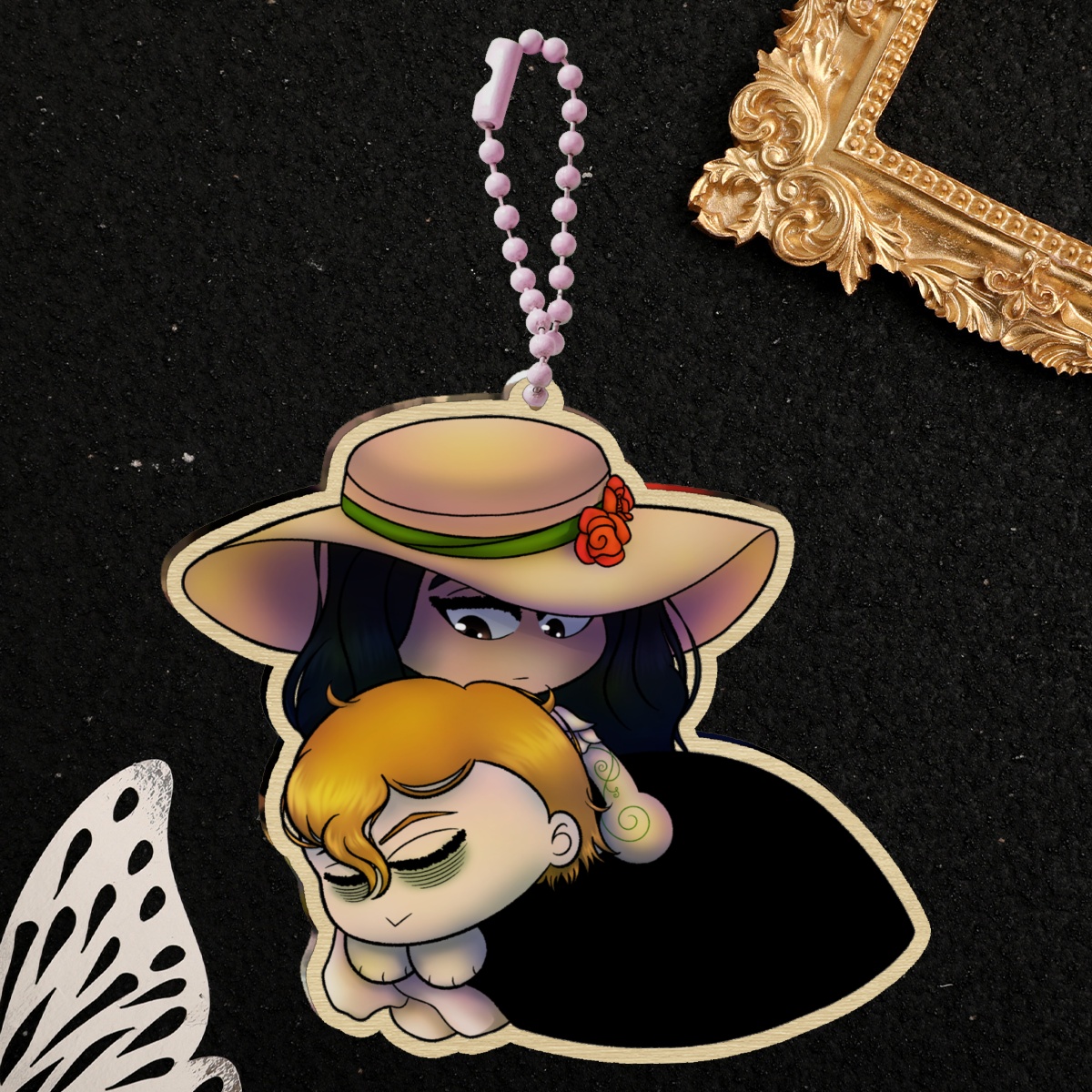 Rosine and Corvin Resting Wood Keychain