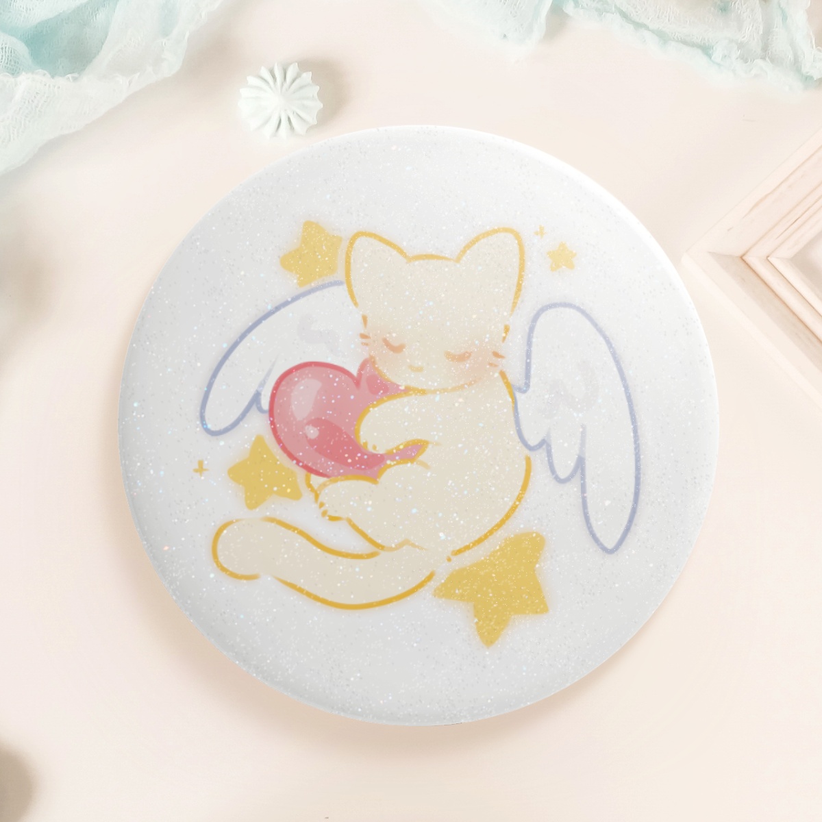 Angel cat button pin