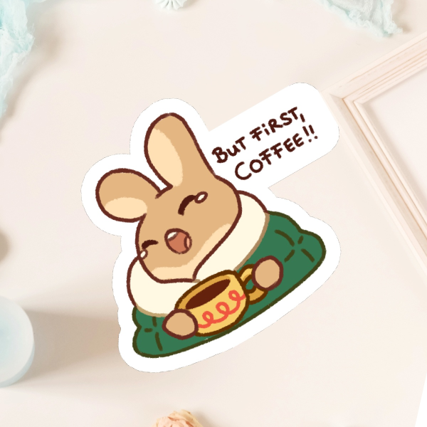 Cute Coffee Addict Bunny Matte Vinyl Sticker