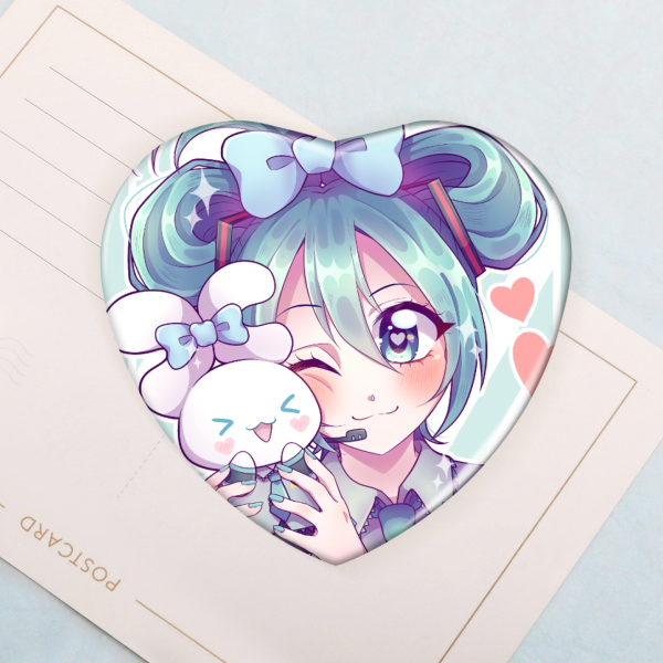 Hatsune Miku x Cinnamoroll Heart Shape Holographic Badges