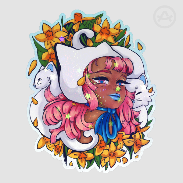 Daffodils and Kittnes Girl paper die cut sticker with Holo