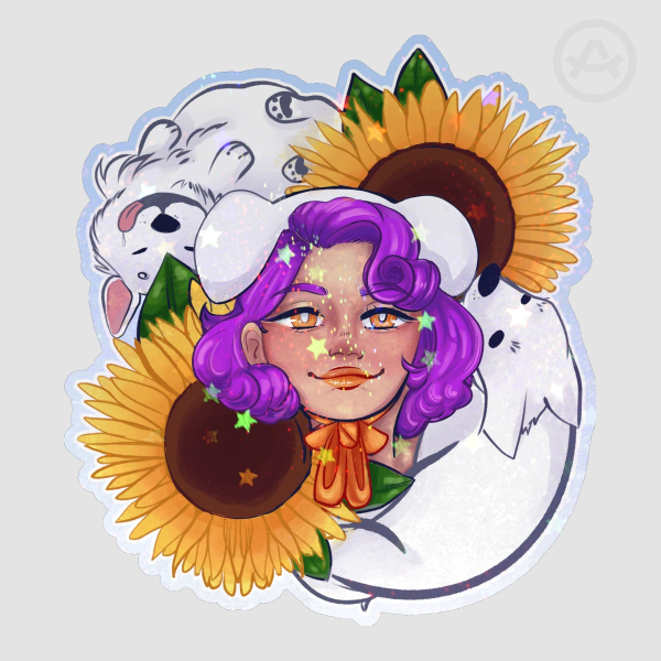 Sunflowers and Puppies Girl Paper Die cut Sticker with Holo
