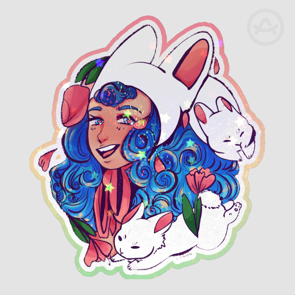 Tulips and Bunnies Girl Paper Die Cut Sticker with Holo