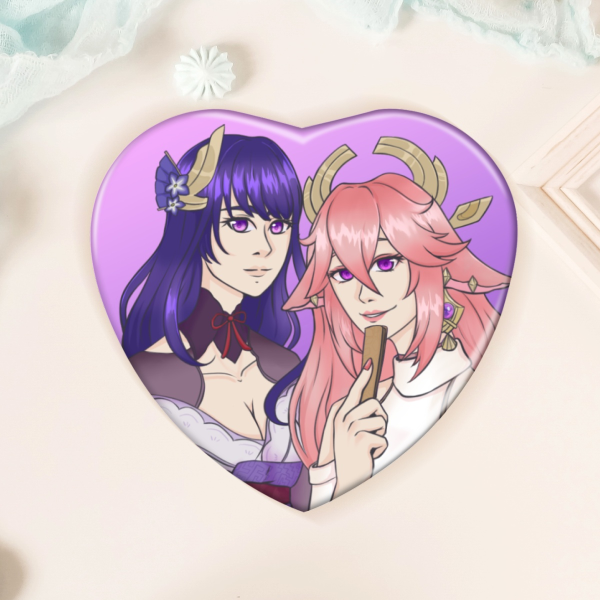 Raiden Shogun / Ei x Yae Miko Heart Shape Holographic Badges