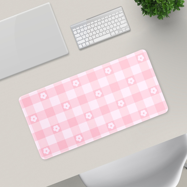 Gingham Flower Pattern Desk Mat - Pink
