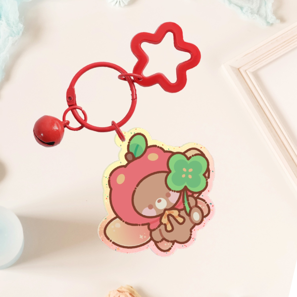 Apple Bear Holding Clover Colored Edge Acrylic Keychains