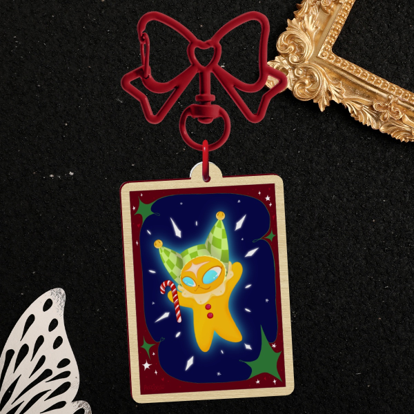 Christmas Gingerbread Cat Clown Wood Keychain