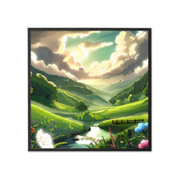A green field with stream - ghibli inspired