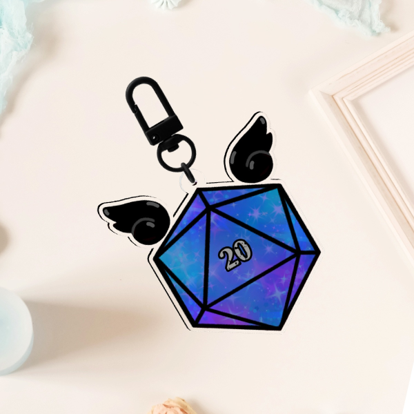 D20 Double sided dice Keychain blue