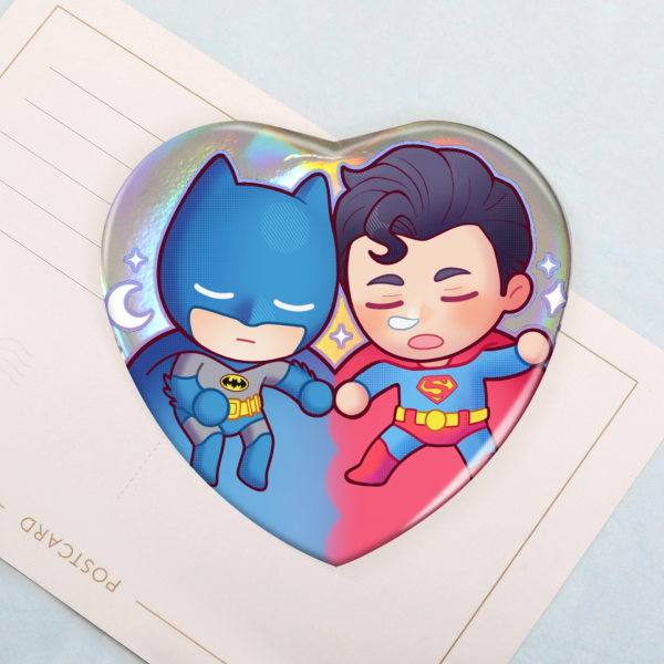 Superbat | Batman | Superman | Sleepy Series | Heart Shape Holographic Badges