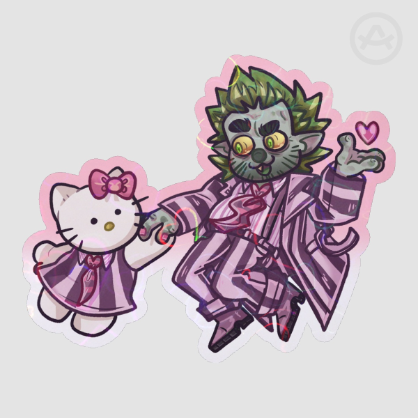 Beetlejuice and Hello Kitty 3" Heart Holo Sticker