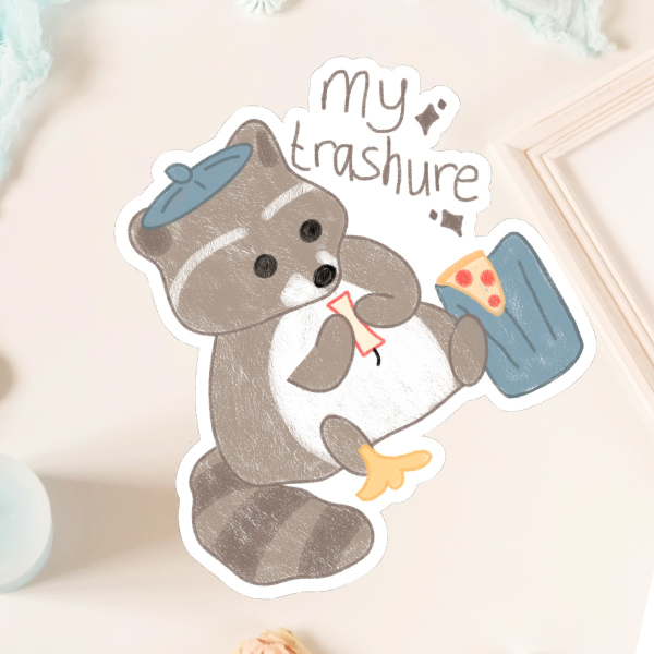 My trashure raccoon sticker version with text
