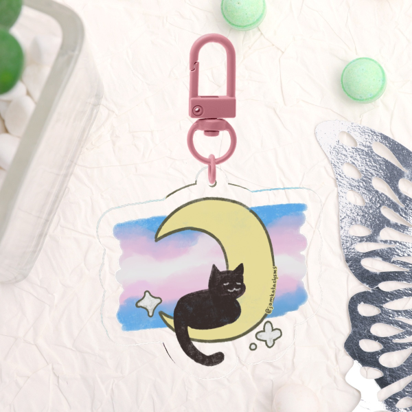 Trans Moon Cat Keychain