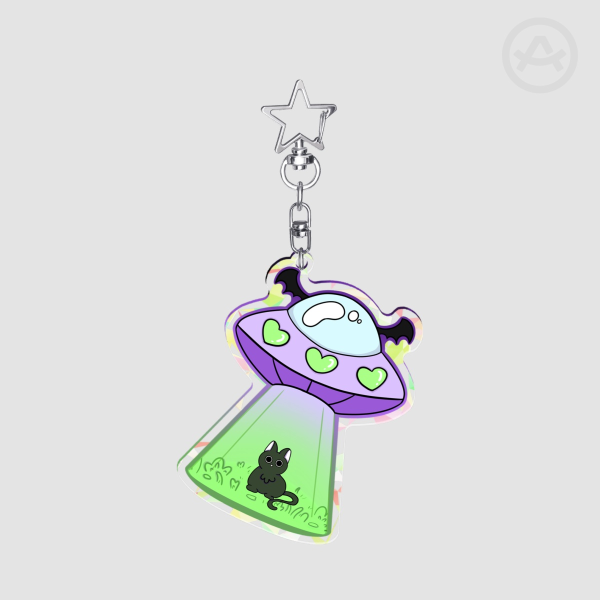 Holographic UFO Black Cat Keychain: Sparkly Alien Abduction