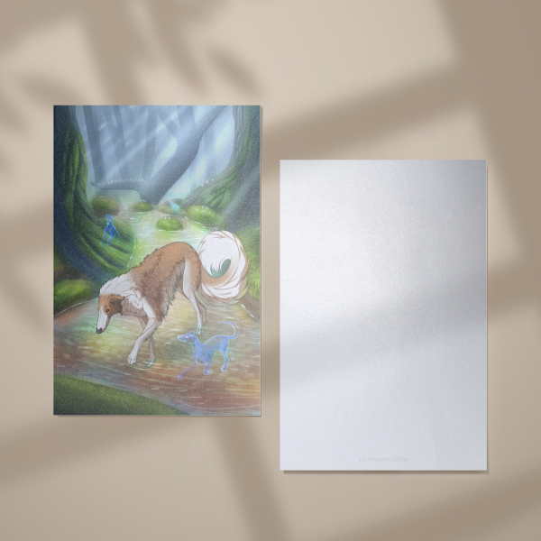 Borzoi in a forest postcard