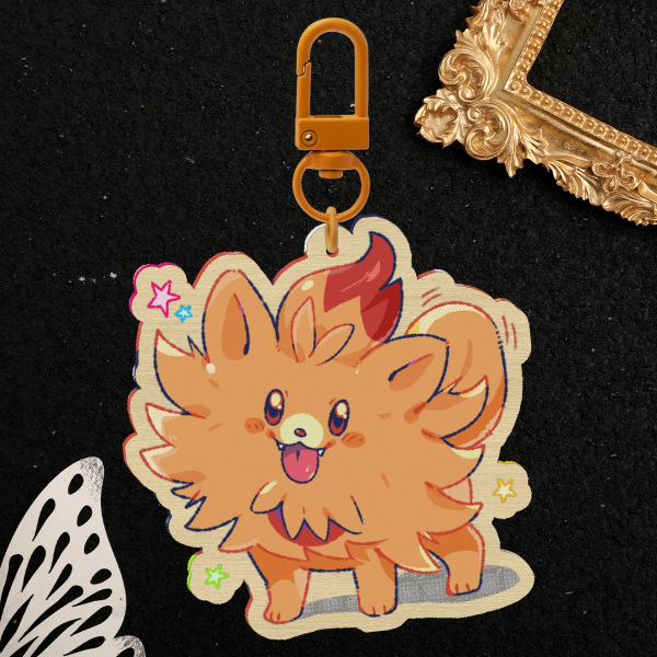Fire Puppy Wood Keychain