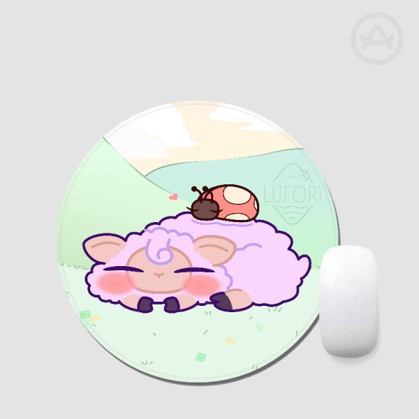 Una & Coral Clover Patch | Kawaii Round Mousepad | Cute Sheep & Ladybug Desk Pad | Original Character Art