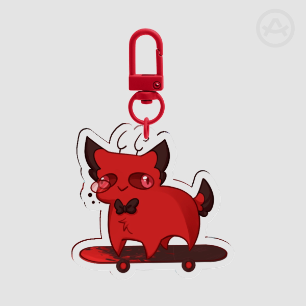 Cursed Cat Alastor on a skateboard keychain