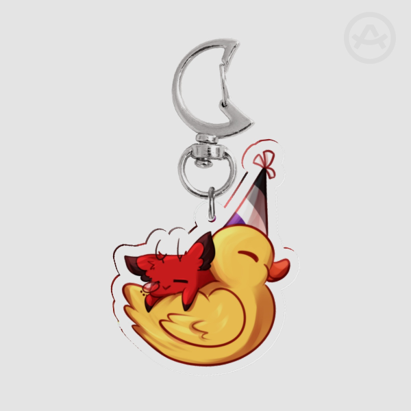 Cursed Cat Alastor sleeping on a huge duck plushie Keychain