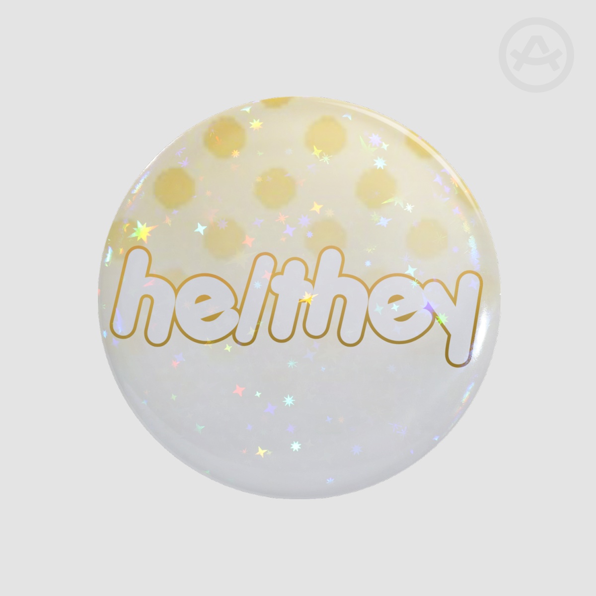 light yellow he/they Button Pin