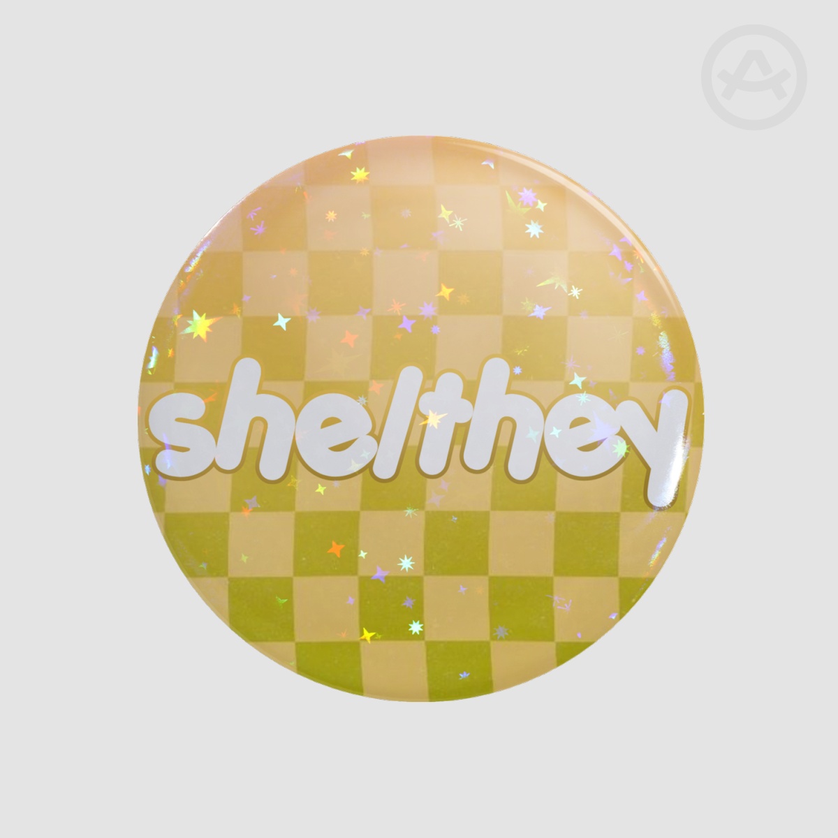 dark yellow she/they Button Pin