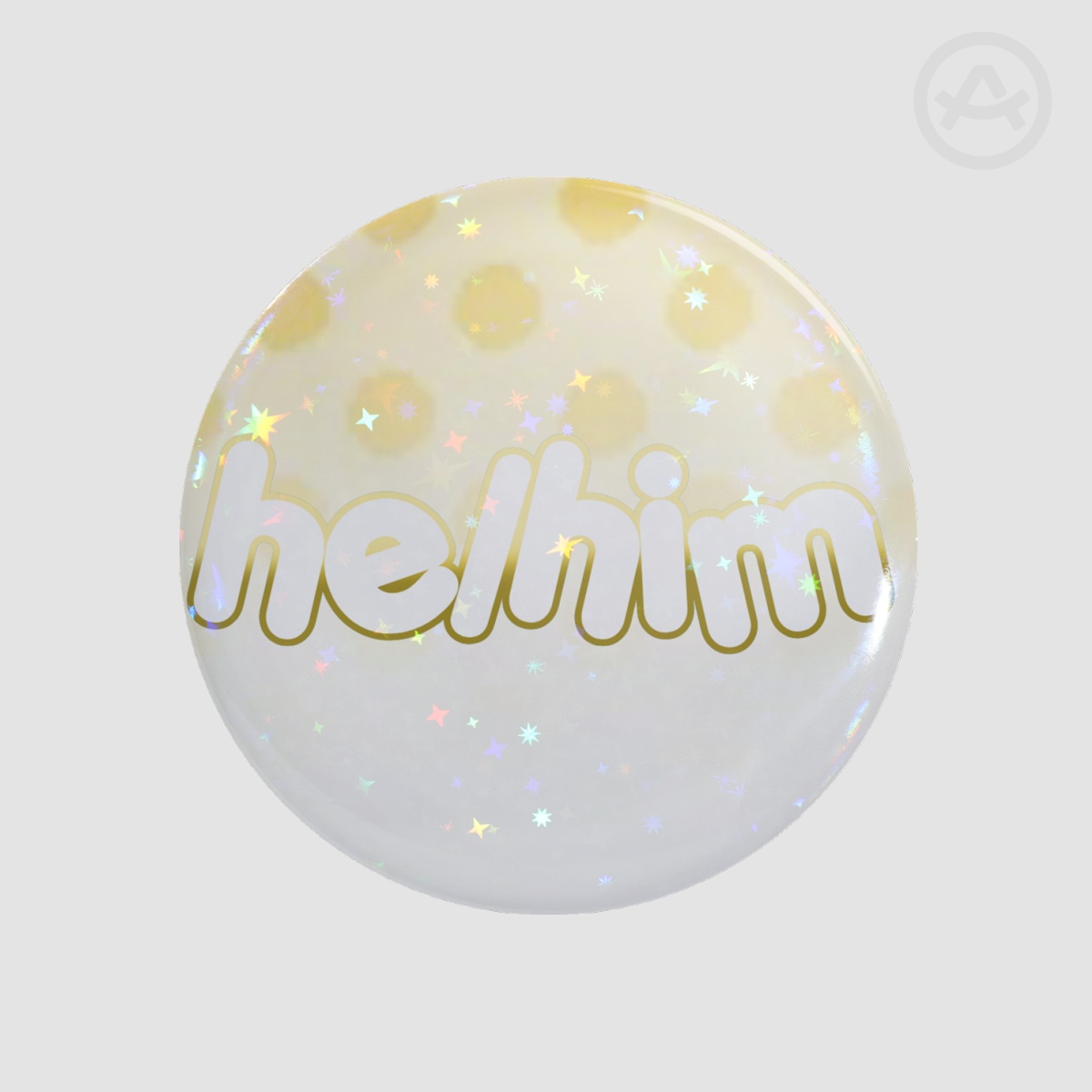 light yellow he/him Button Pin