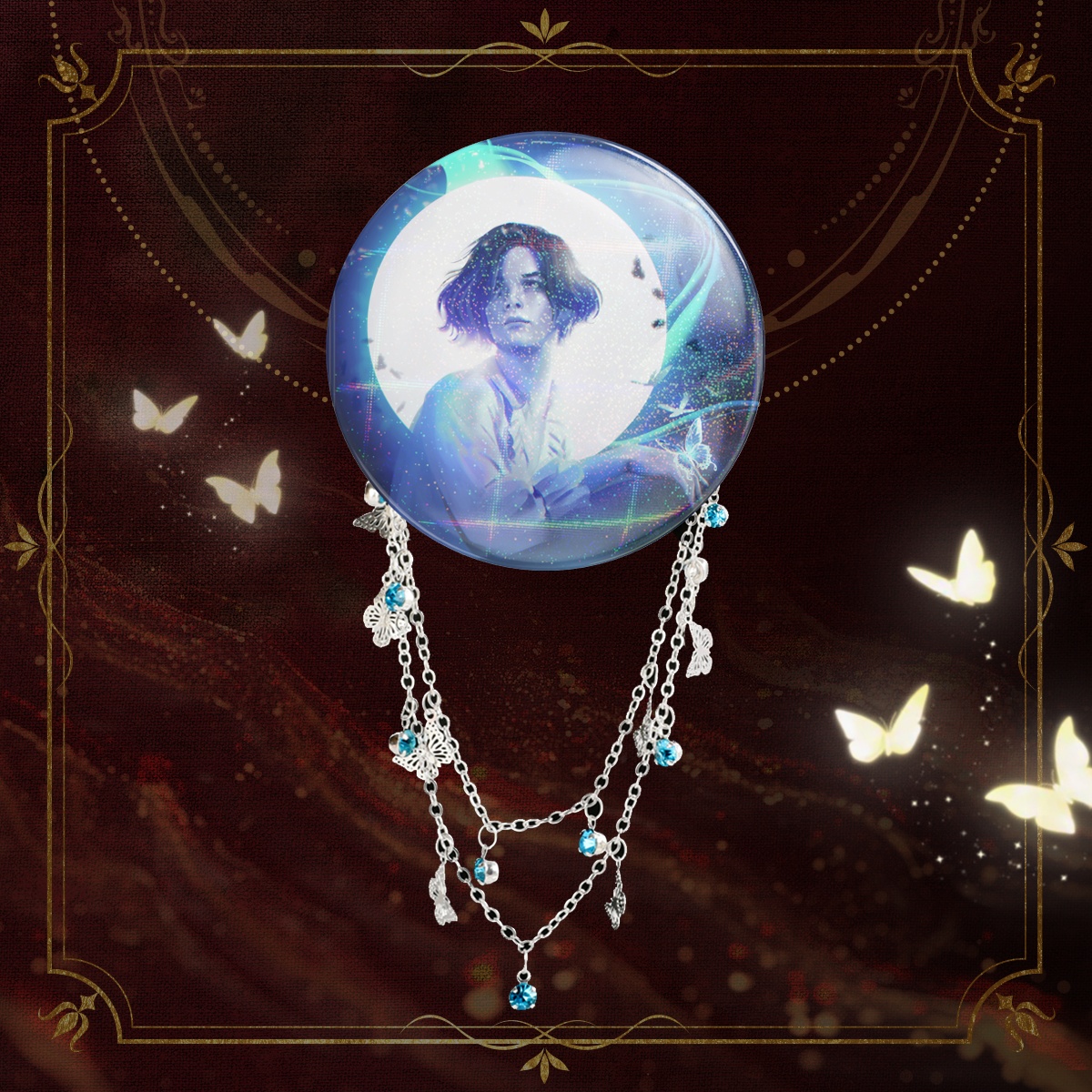 Blue Butterfly - Round Badge With Chains and Rainbow Finish