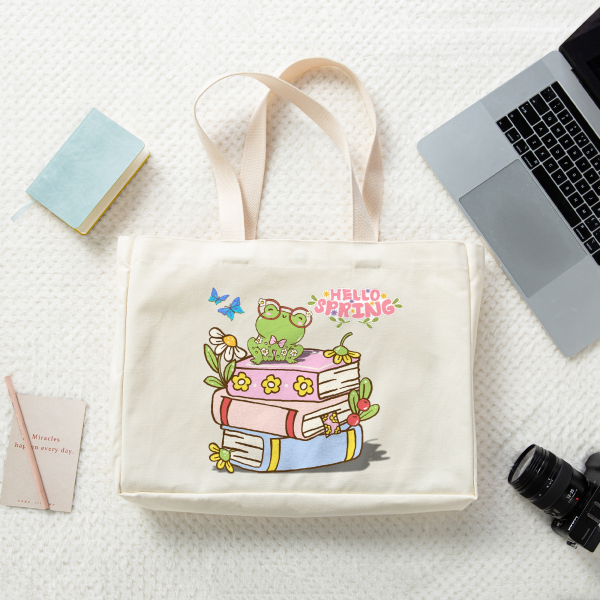 Spring Froggy and Books Canvas Tote Bags - 16.9″x12.6″x3.1″(43x32x8cm)