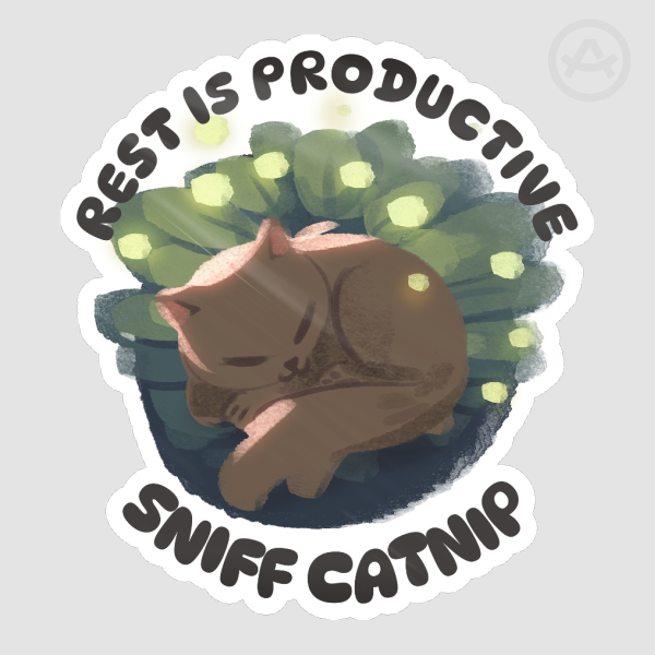 Cute Fluffy Black Cat Motivational Sticker - Rest is Productive, Sniff Catnip