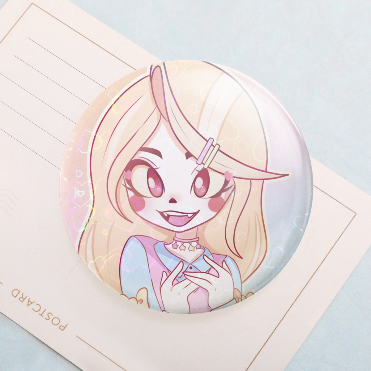Pastel Charlie holo heart round badge