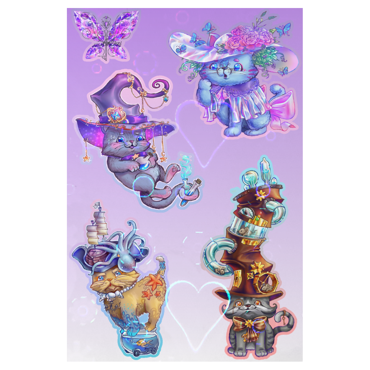 Magical cats Stickers Sheet with Holographic hearts - 5 piece set