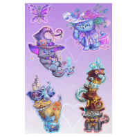 Magical cats Stickers Sheet with Holographic hearts - 5 piece set