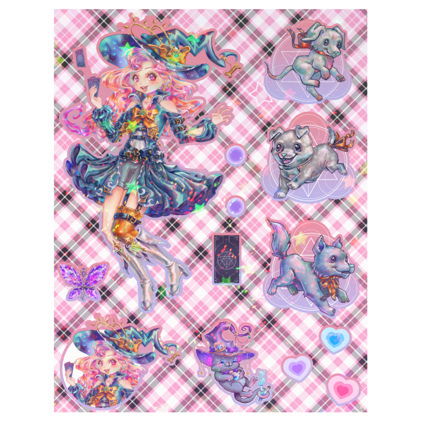 Magical Puppy Summoneer Witch Stickers Sheet with holographic stars - 13 piece set