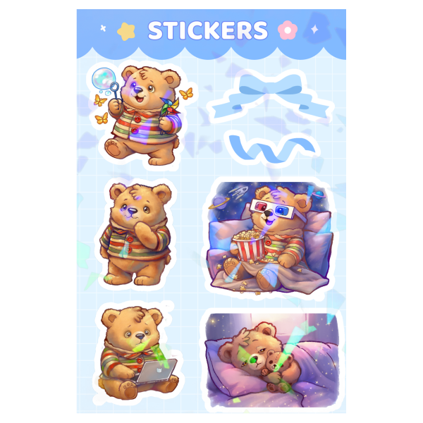 Teddy Bears Holographic Stickers Sheet - 7 piece set