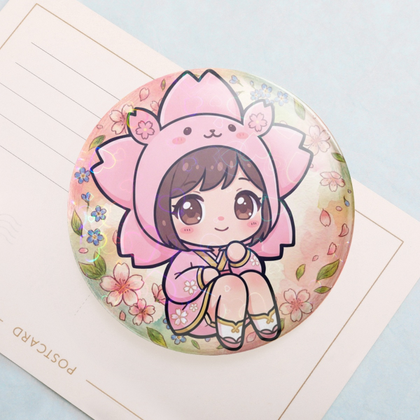 Sakura with Bear Ears Round Badge Pin