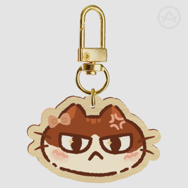 Mocha Cat Wood Keychain - Angry