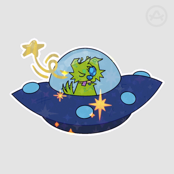 Alien dog with his ship Sticker