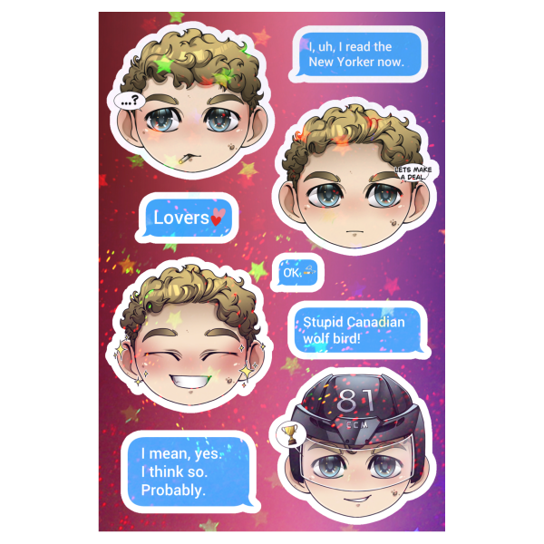 "Heated Rivalry" Chibi Faces Sticker Sheet "Ilya Rozanov", Holo Sand Star Coated, 9 stickers of varying sizes, total sheet size: 4x6" (10,2x15,3cm)