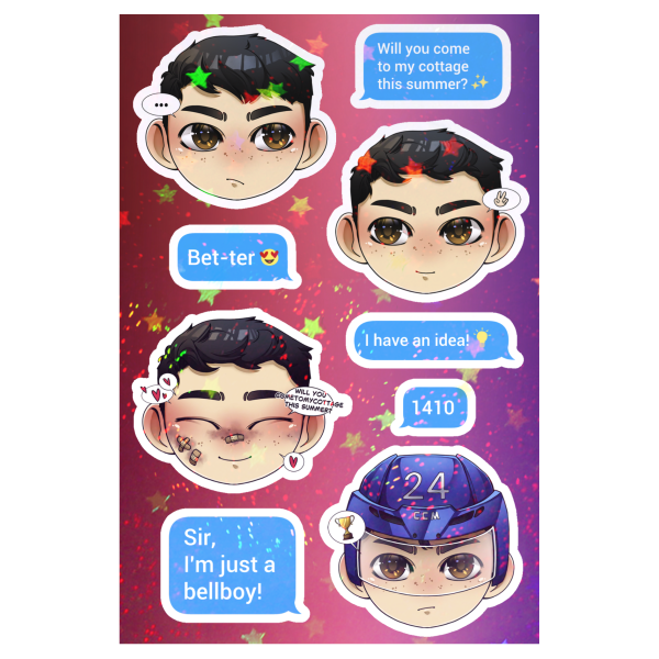"Heated Rivalry" Chibi Faces Sticker Sheet "Shane Hollander", Holo Sand Star Coated, 9 stickers of varying sizes, total sheet size: 4x6" (10,2x15,3cm)